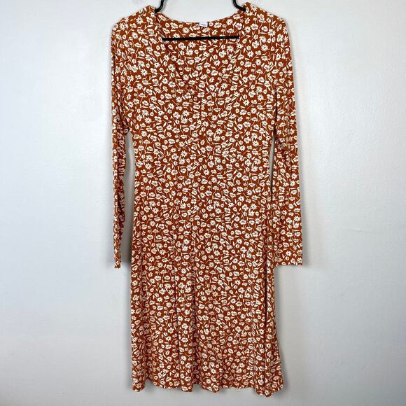 Old Navy Fit & Flare Empire-Waist Jersey Dress Orange Floral Long Sleeve Medium - Picture 2 of 10